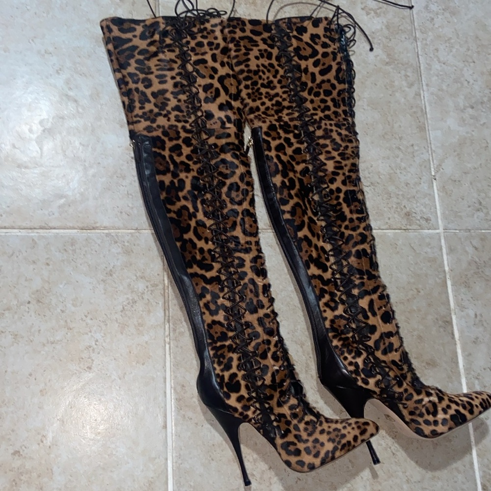 NWOB💫Brian Atwood Belle Cheetah/Leapoard Leather CalfHair LaceUp Thigh HighBoots - Picture 14 of 14